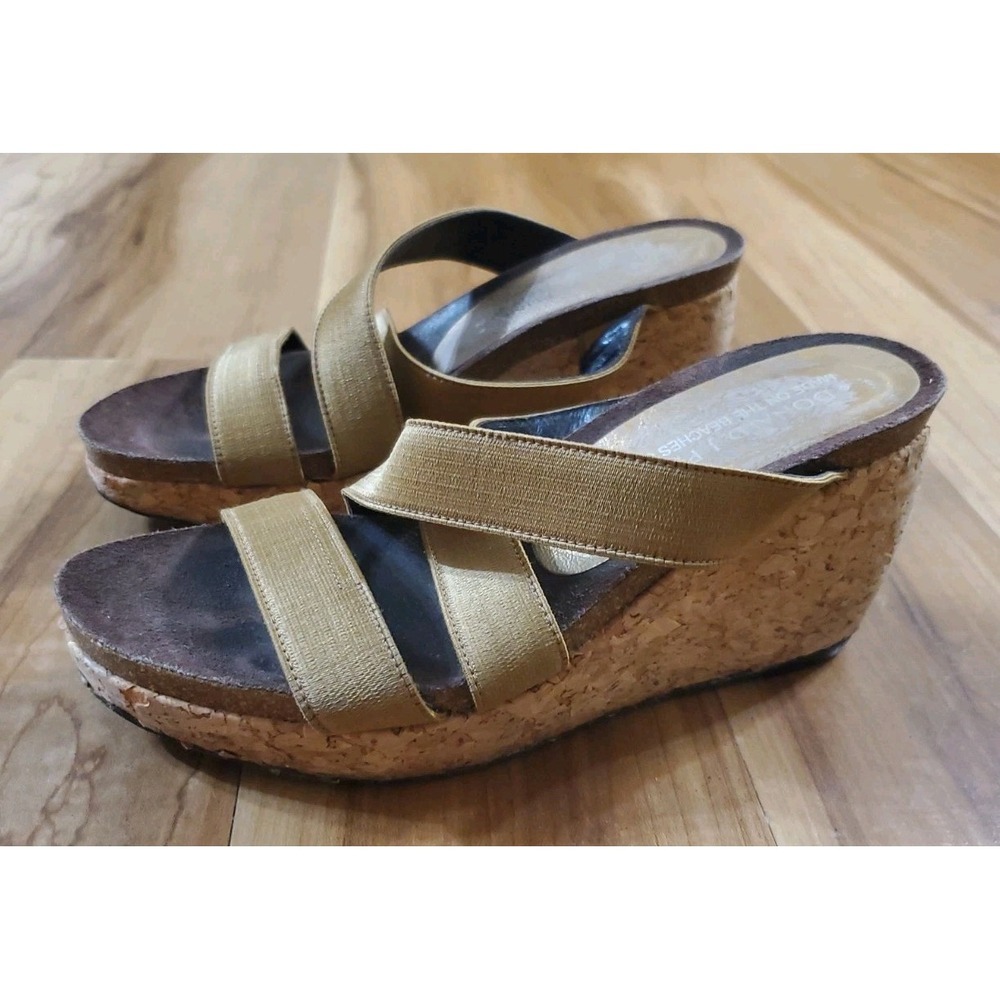 DONALD J PLINER Boske Wedge Sandals Gold Slip On Cork Platform Size 6